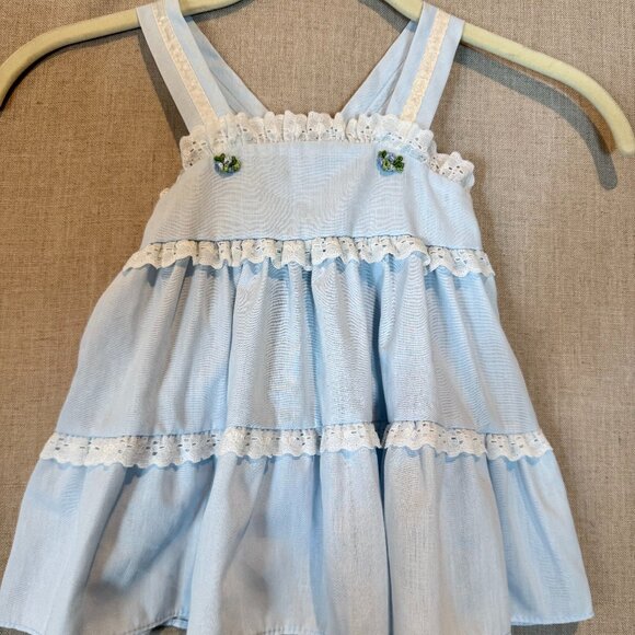 Vintage Evy of California Eyelet Trim Blue Pinafore Dress Baby Girl Size 2T - Picture 1 of 6